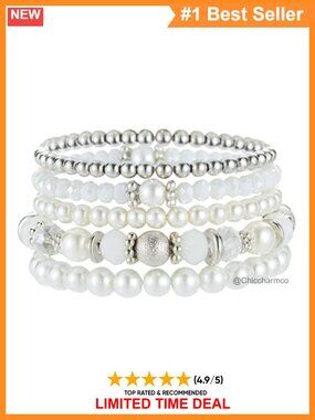 Pearl Crystal Beaded Stretch Bracelet Stackable 7" Gift Box